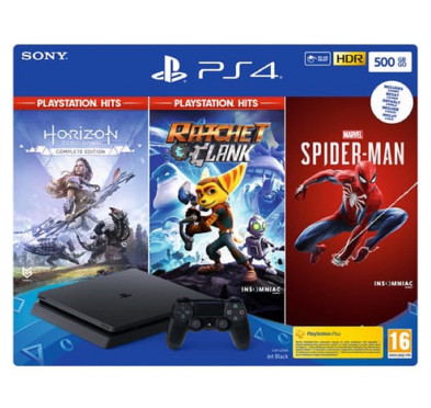 Console Sony PS4 500Go Noire + Spiderman, Horizon Zero Dawn, Rachet & Clank