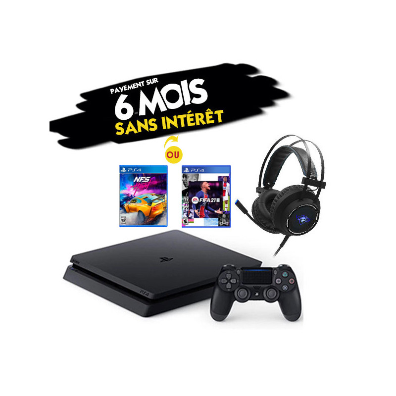 Console Sony PS4 SLIM 500G Noir , Casque EH70 Spirit Of Gamer & un jeu offert au choix FIFA 21 ou  NFS HEAT
