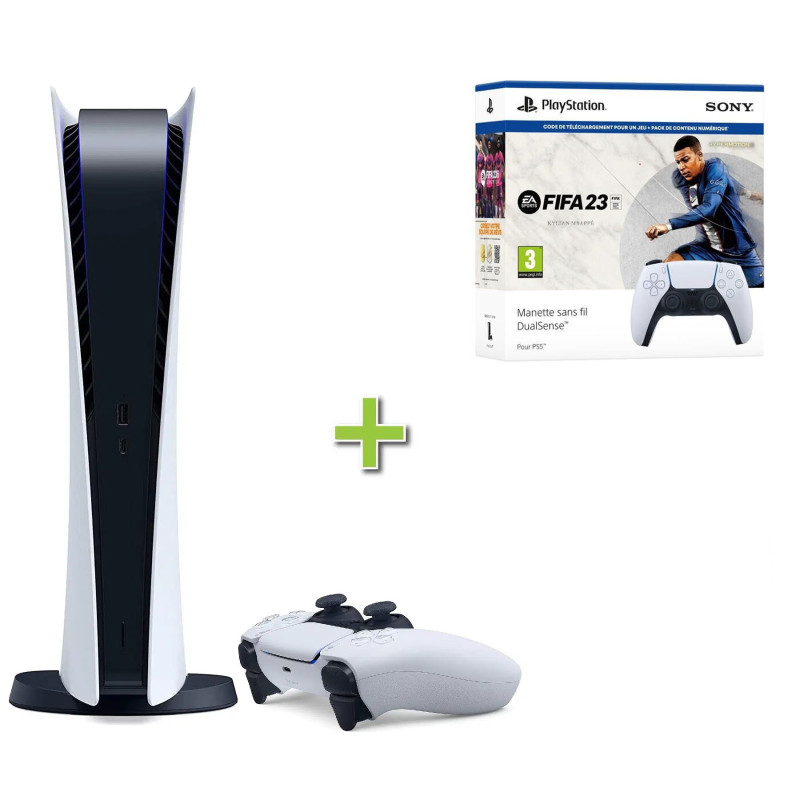 Console SONY PS5 DIGITAL + 2ème Manette Dualsense White + Fifa 23