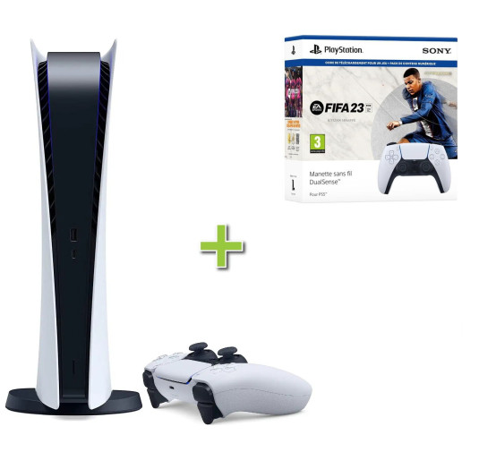 Console SONY PS5 DIGITAL + 2ème Manette Dualsense White + Fifa 23