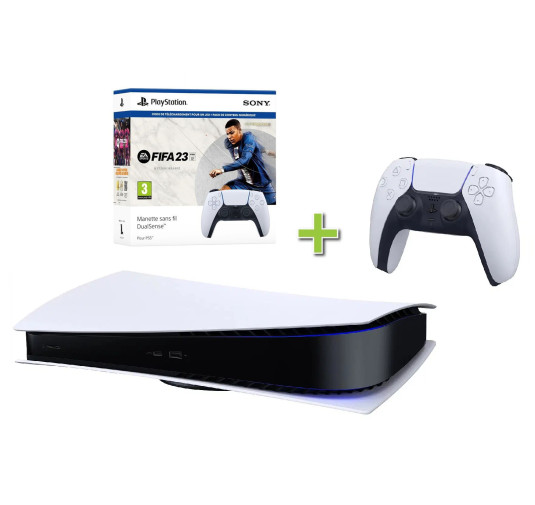 Console SONY PS5 DIGITAL + 2ème Manette Dualsense White + Fifa 23