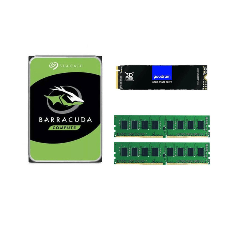 Kit upgrade PC : Barette Mémoire Goodram 8G x2 + Disque SSD NVMe Goodram 256Go + Seagate BarraCuda 1To
