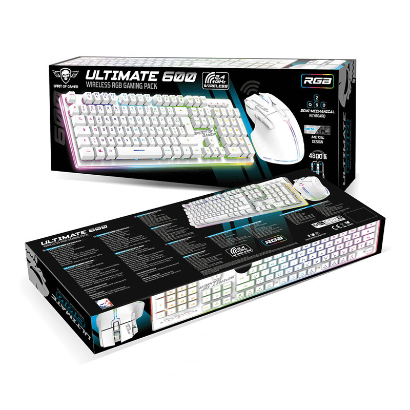 Pack Gamer sans fil clavier semi mécanique + souris SOG ULT600 RGB Blanc