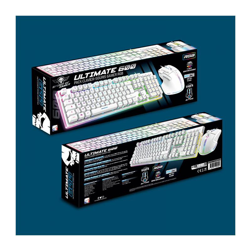 Pack Gamer SOG ULTIMATE 600 ARTIC, Filaire, Clavier Semi Mécanique + Souris , RGB, Blanc