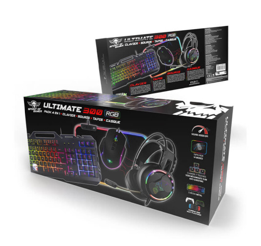 PACK Gaming 4EN1 - SPIRIT OF GAMER ULTIMATE 300 : Clavier Gamer, Casque, Souris & Tapis